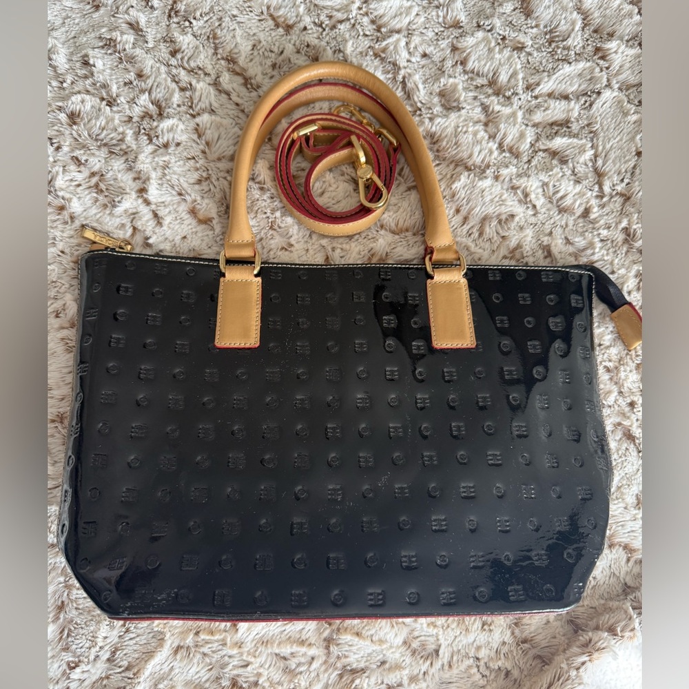 Arcadia Black Patent Satchel crossbody with Tan Handles and Red Trim